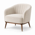 Fauteuil en tissu bouclé beige avec structure en bois de noyer