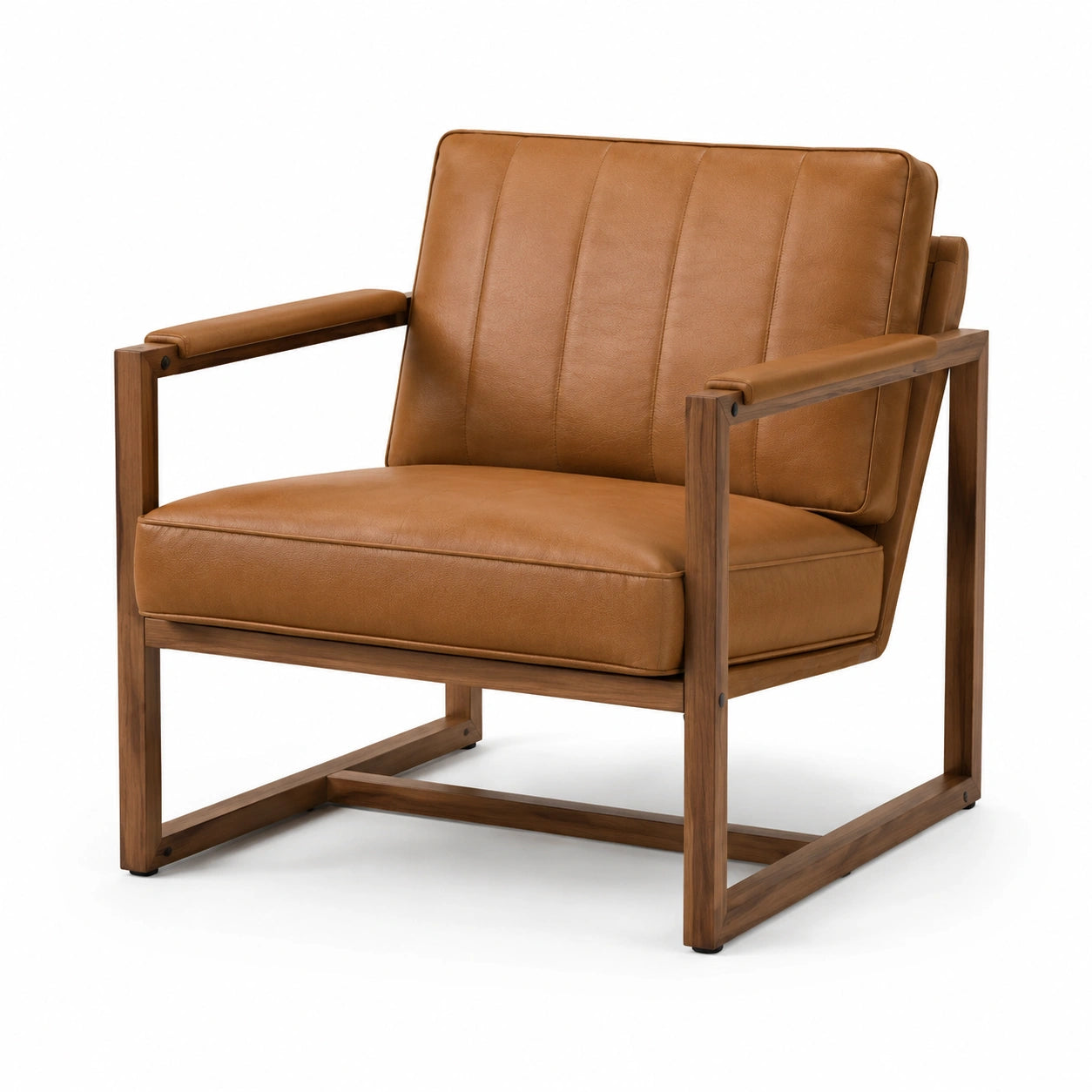 Fauteuil en cuir marron avec structure en noyer