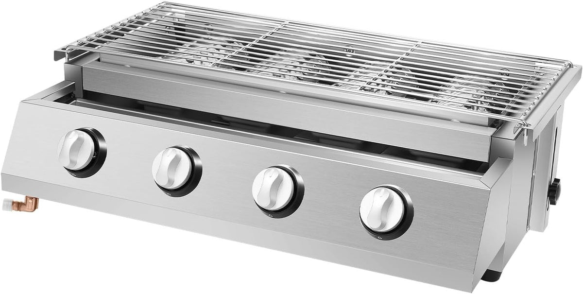 Barbecue à gaz GPL à 4 flammes en acier inoxydable pour camping et activités de plein air, Réduit les vapeurs d'huile, Allumage électronique