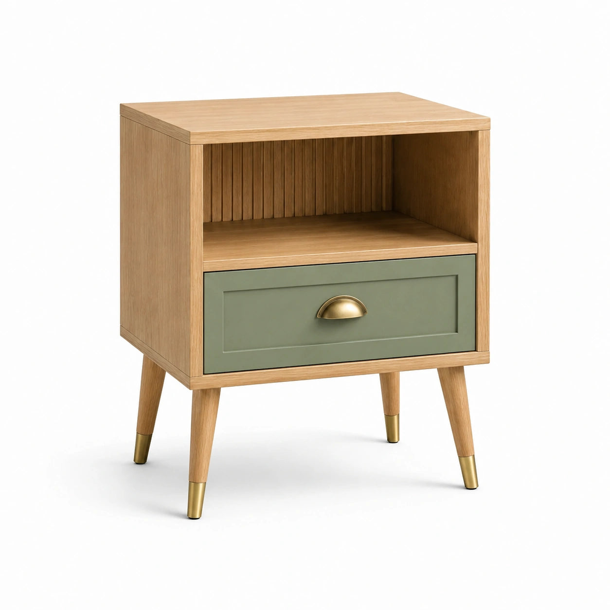 Table de chevet en bois avec tiroir vert et finitions en laiton