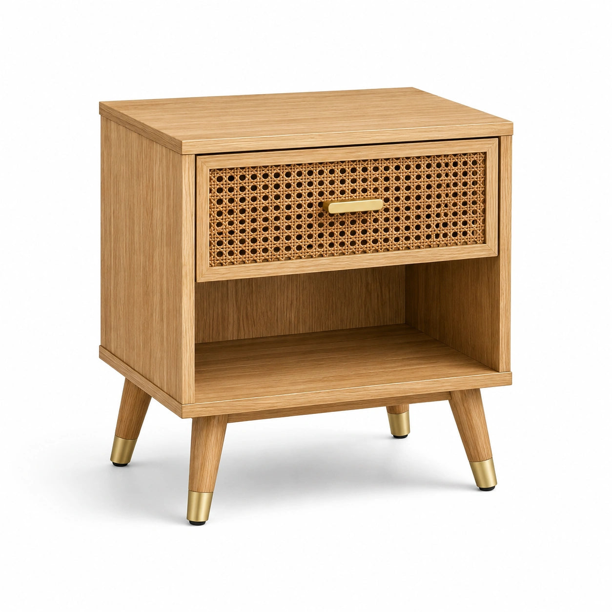 Table de chevet en bois avec tiroir en rotin tissé