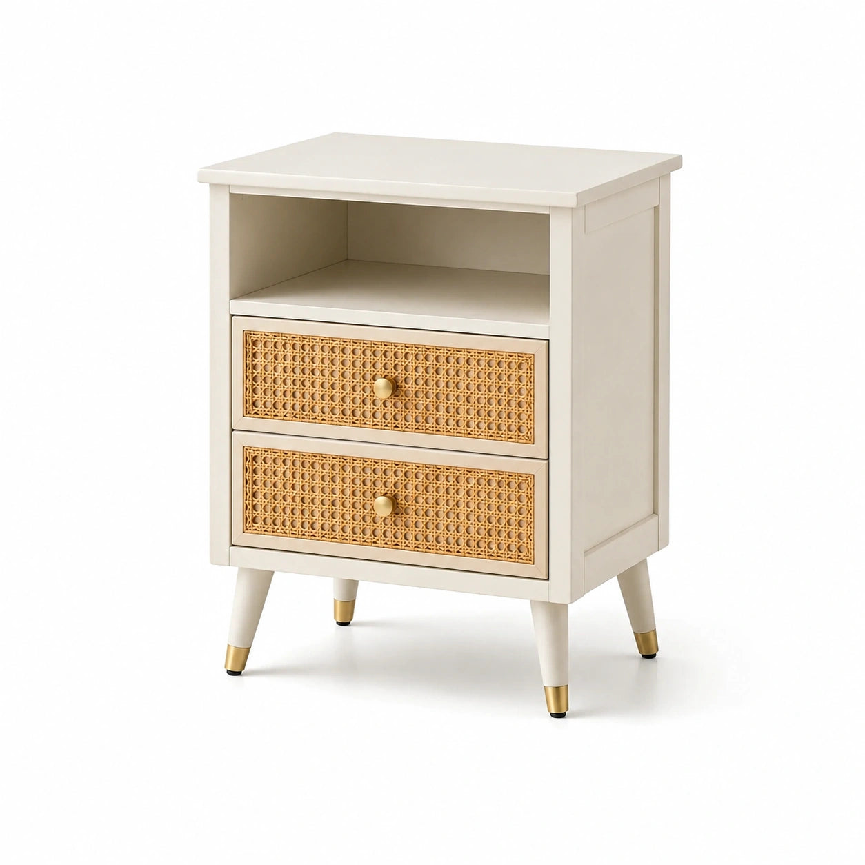 Table de chevet en bois avec tiroirs en rotin