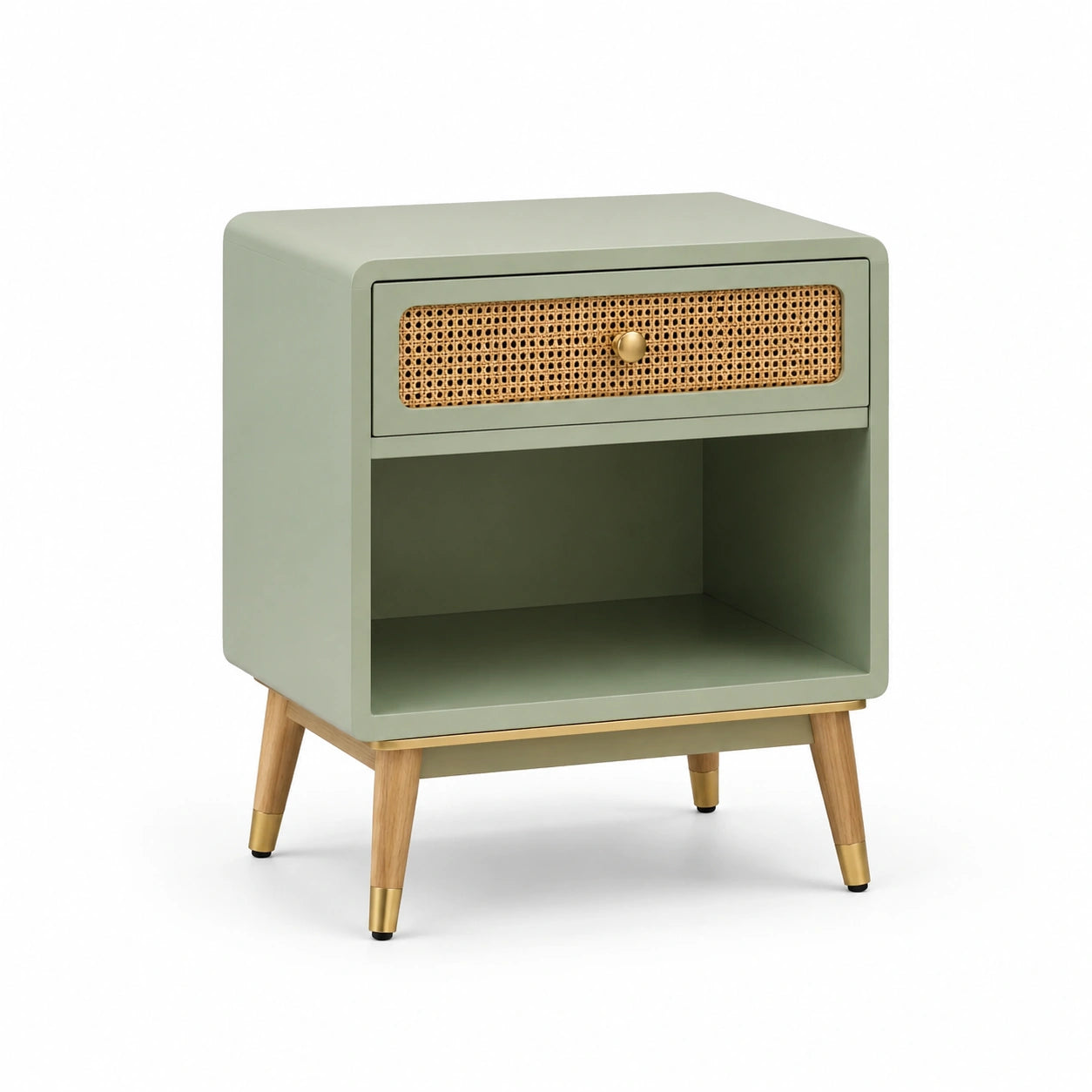 Table de chevet en bois et rotin vert