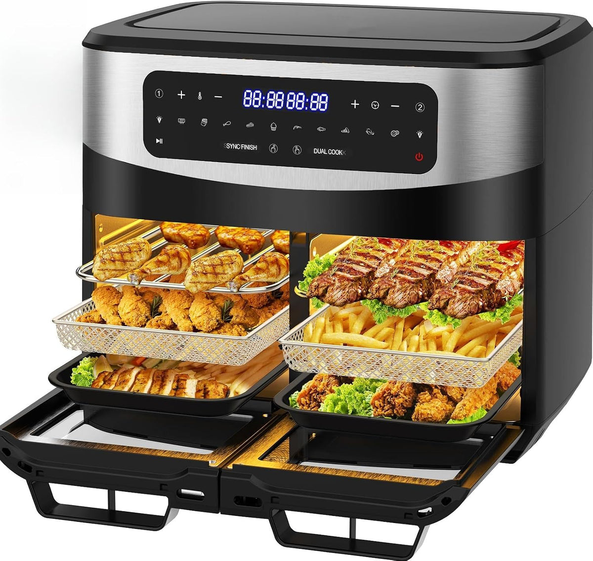Air Fryer Dual Zone 12L - 2600W Friteuse à air chaud XXL avec séparateur amovible, double compartiment, 10 programmes, 2 fenêtres, 50, 200°C