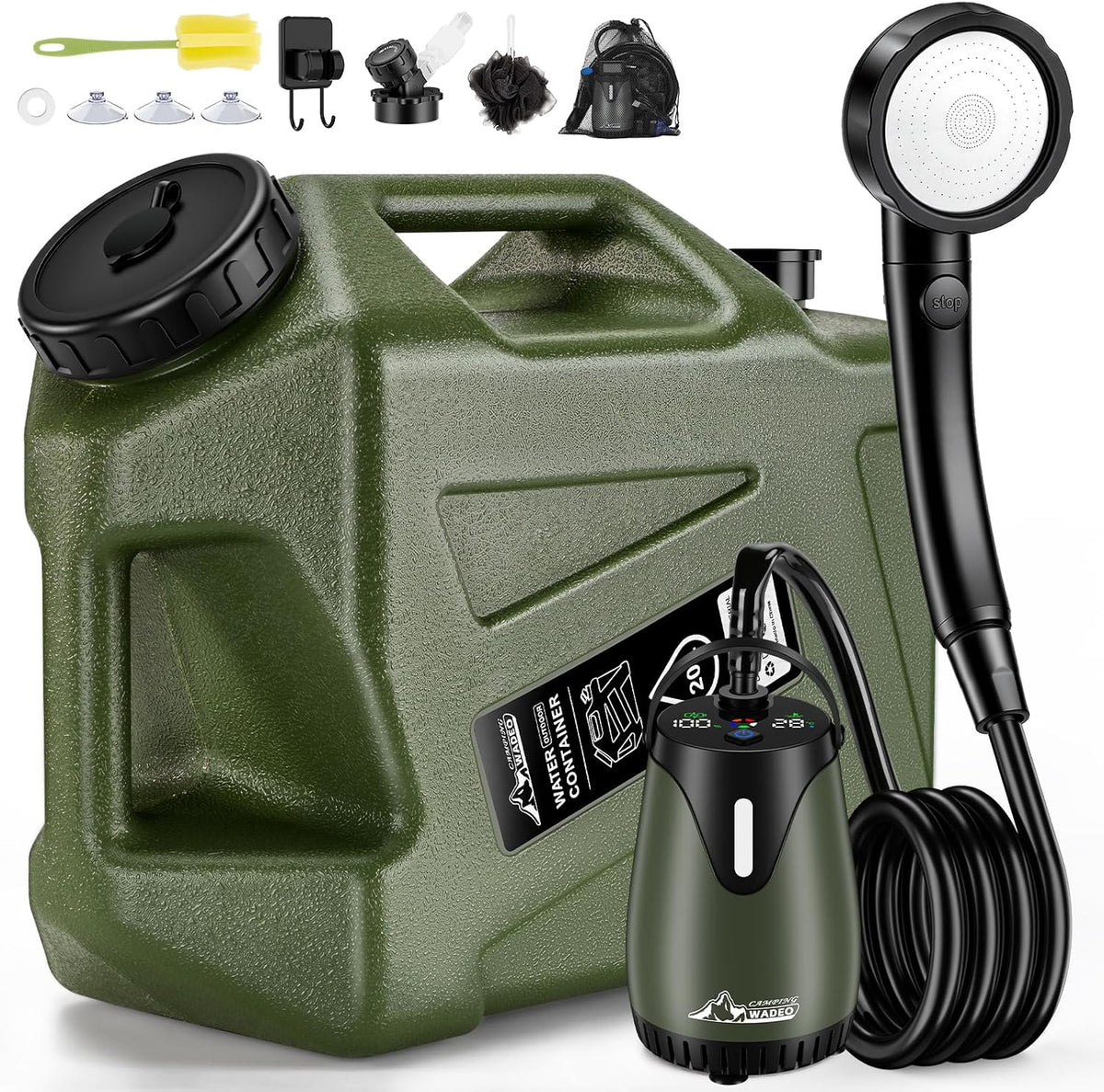 WADEO Douche de Camping Portable, Réservoir d'Eau 20 L, Pompe Rechargeable 5 Vitesses, Écran LED, IPX8, Kit Extérieur pour Camping, Randonnée, Voyage