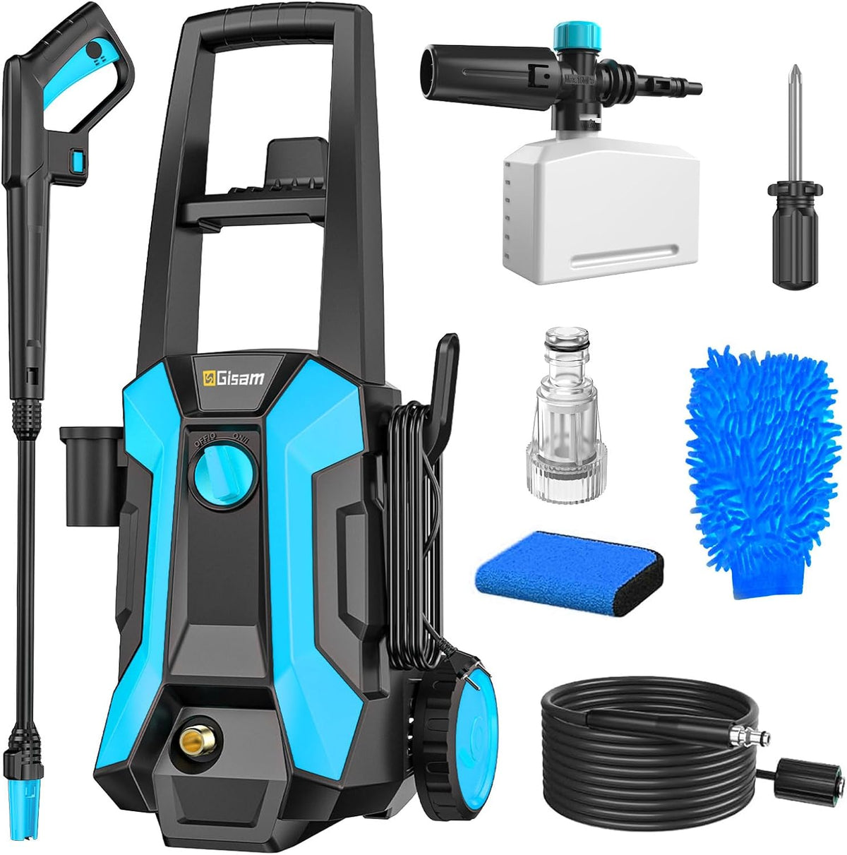 Gisam 2200W Nettoyeur Haute Pression, avec Enrouleur De Tuyau De 8m, Max 180bar, DéBit 480l/H, avec Bouteille De Savon Buse à Mousse