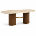Table de salle à manger ovale en travertin et bois avec structure en laiton
