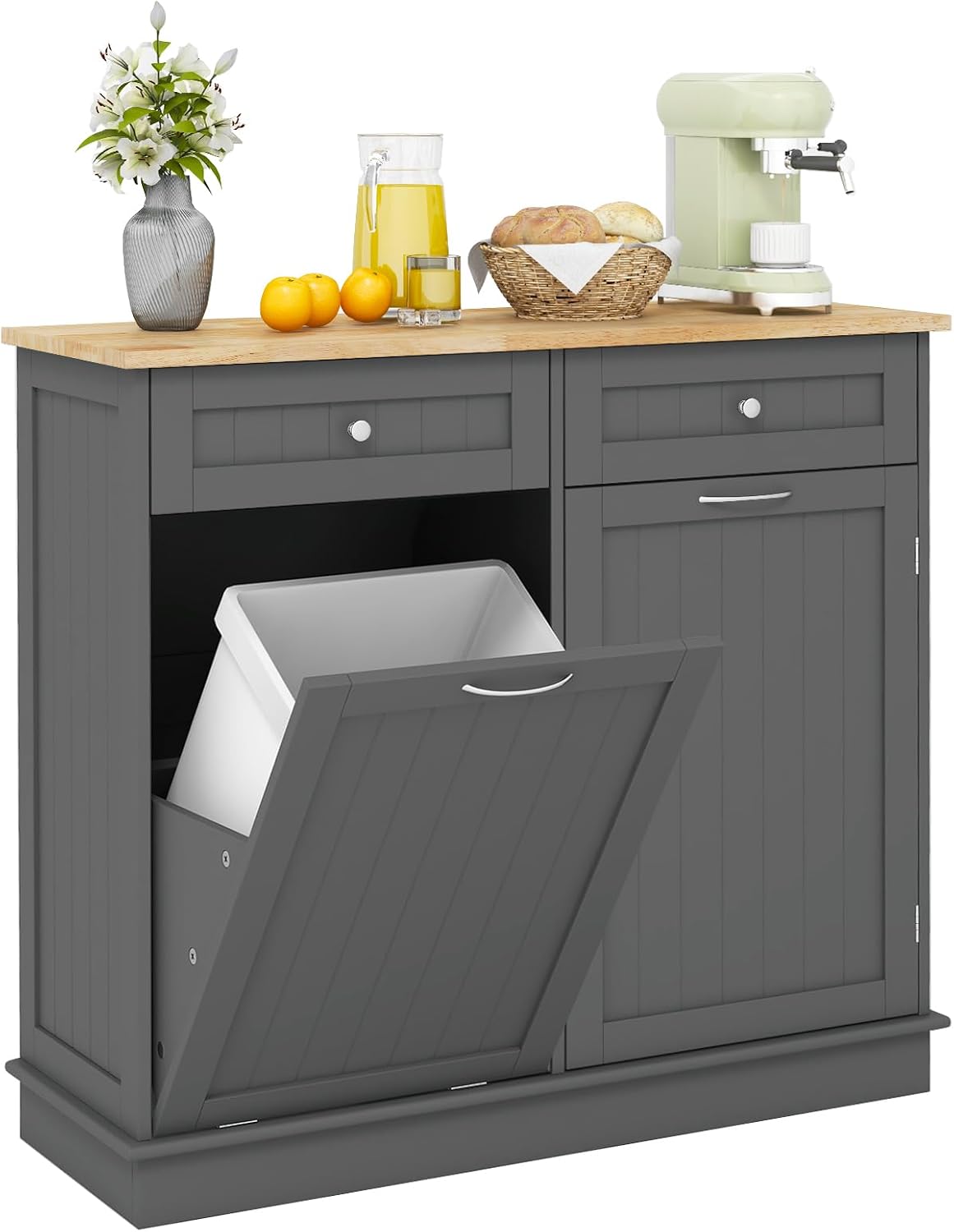 COSTWAY Buffet Cuisine 2 Tiroirs, Placard 42L, Étagère Réglable, Meuble Cuisine avec Plan de Travail en Caoutchouc, Meuble Poubelle Rangement 2 en 1