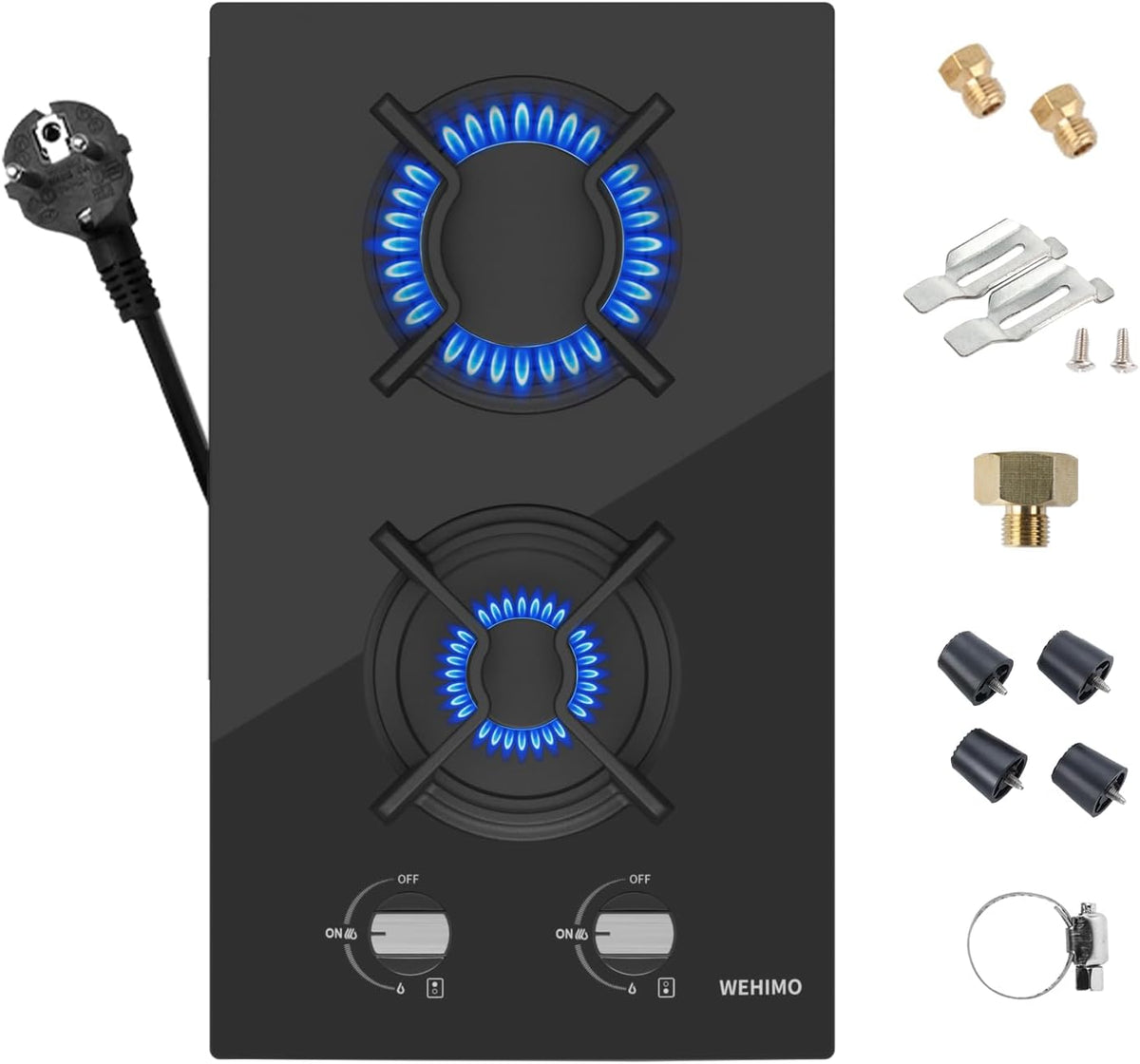 WEHIMO Plaque de cuisson à gaz 2 flammes, plaque de cuisson à gaz encastrable en verre, 30 cm, 3700 W, 2 zones de cuisson (2700 W + 1000 W)