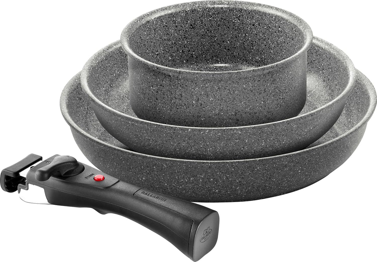 Ballarini Torre Set de Poêles et Casserole, Poêles 24 + 28 cm, Casserole 16 cm, Revêtement Céramique, Optimisé pour l'Induction, Poignée Amovible