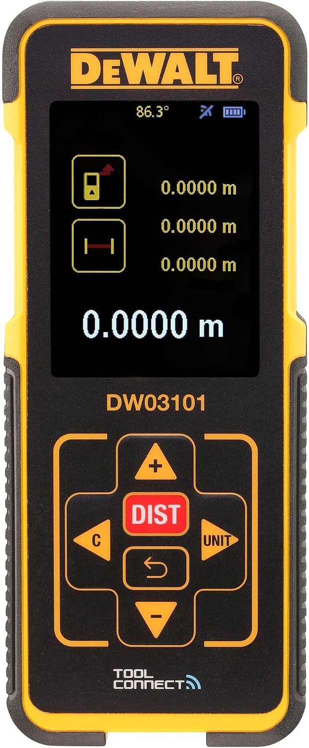DeWalt Télémètre Laser - Plage de Mesure Jusqu'à 100 m - Déviation Max 3 mm pour 100 m - 3 Fonctions - Affichage Métrique ou Anglais - 2 Piles AAA