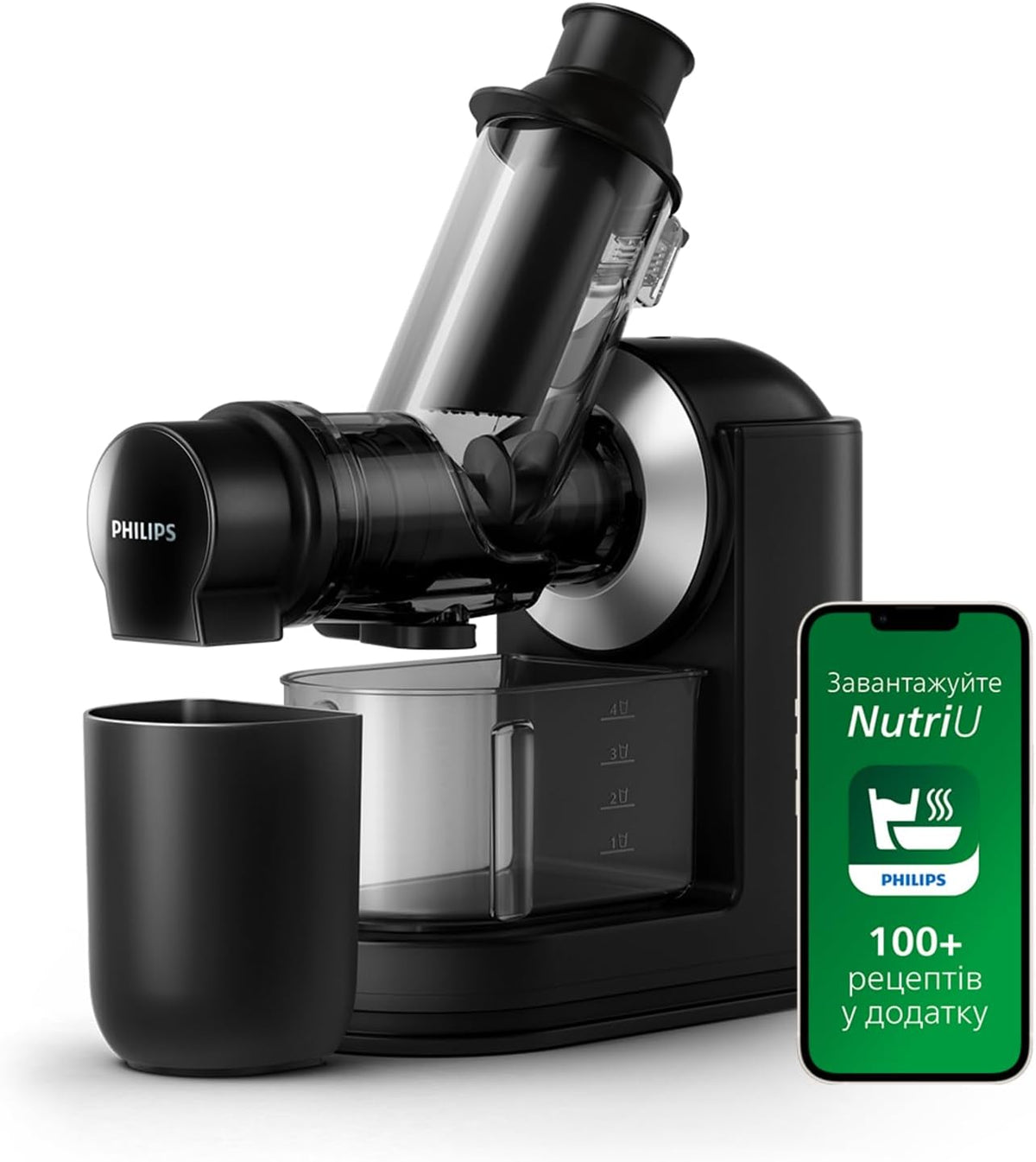 Philips Extracteur de Jus Viva, 150W, 80% d'extraction, Noir/Argenté, Centrifugeuse à cheminée XL 70 mm, Quick Clean nettoyage rapide en 90s