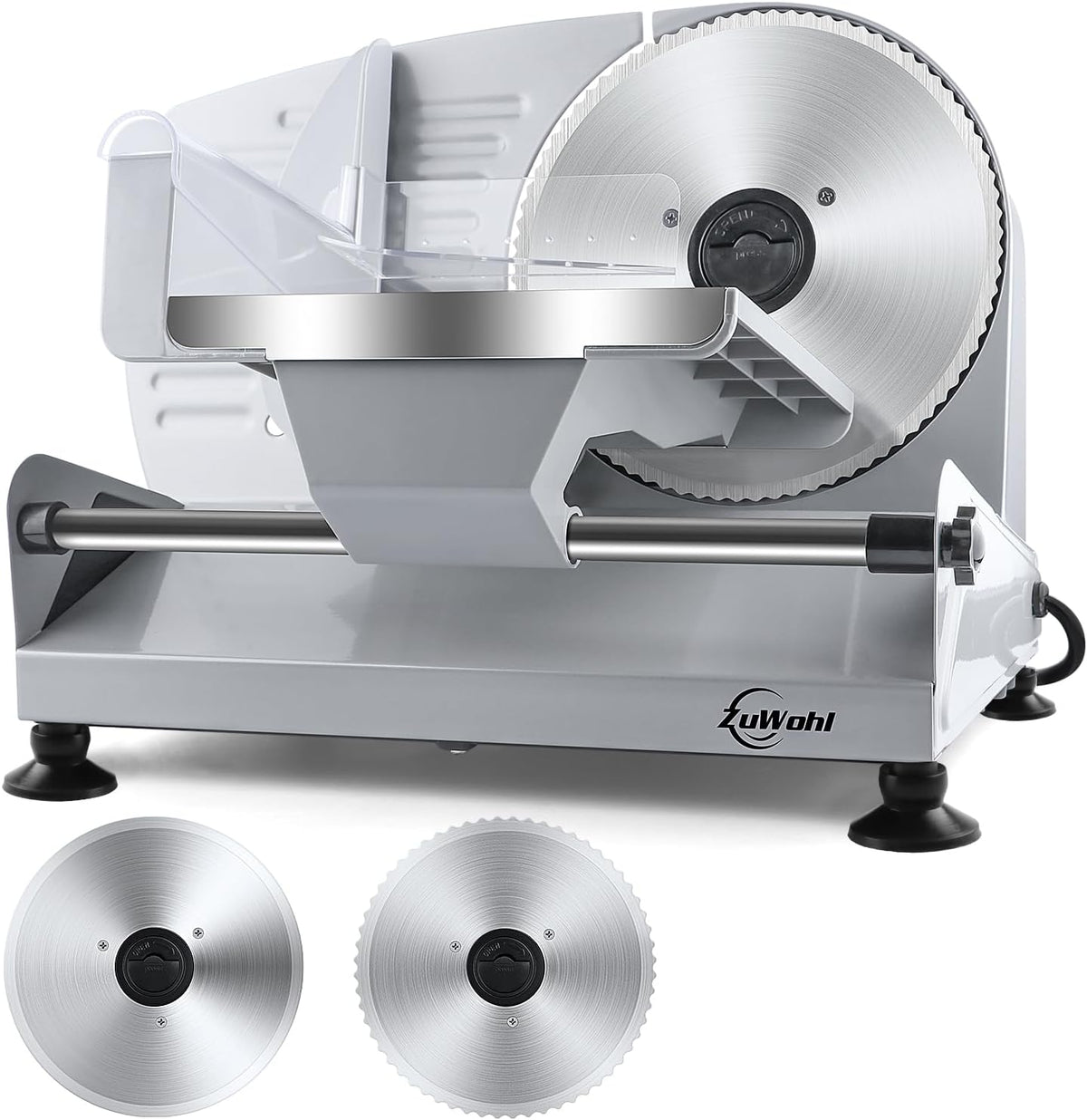 Trancheuse Électrique Professionnelle, 200W, 2 Lames Amovibles 19 cm, Réglage Précis 0-15mm, Pour Jambon, Saucisson, Pain, Fromage et Viande, Argent