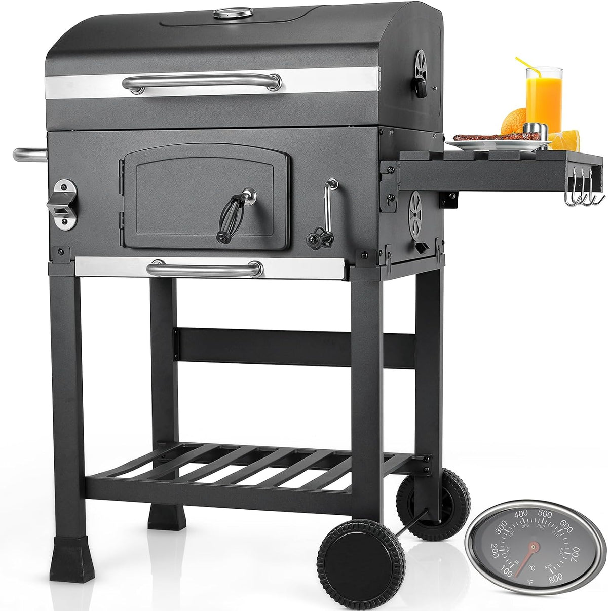 LIFERUN Barbecue Charbon de Bois XL, Grand Barbecue a Charbon avec Couvercle, BBQ Smoker avec Thermomètre et 2PCS Roues, Gril Réglable en Hauteur