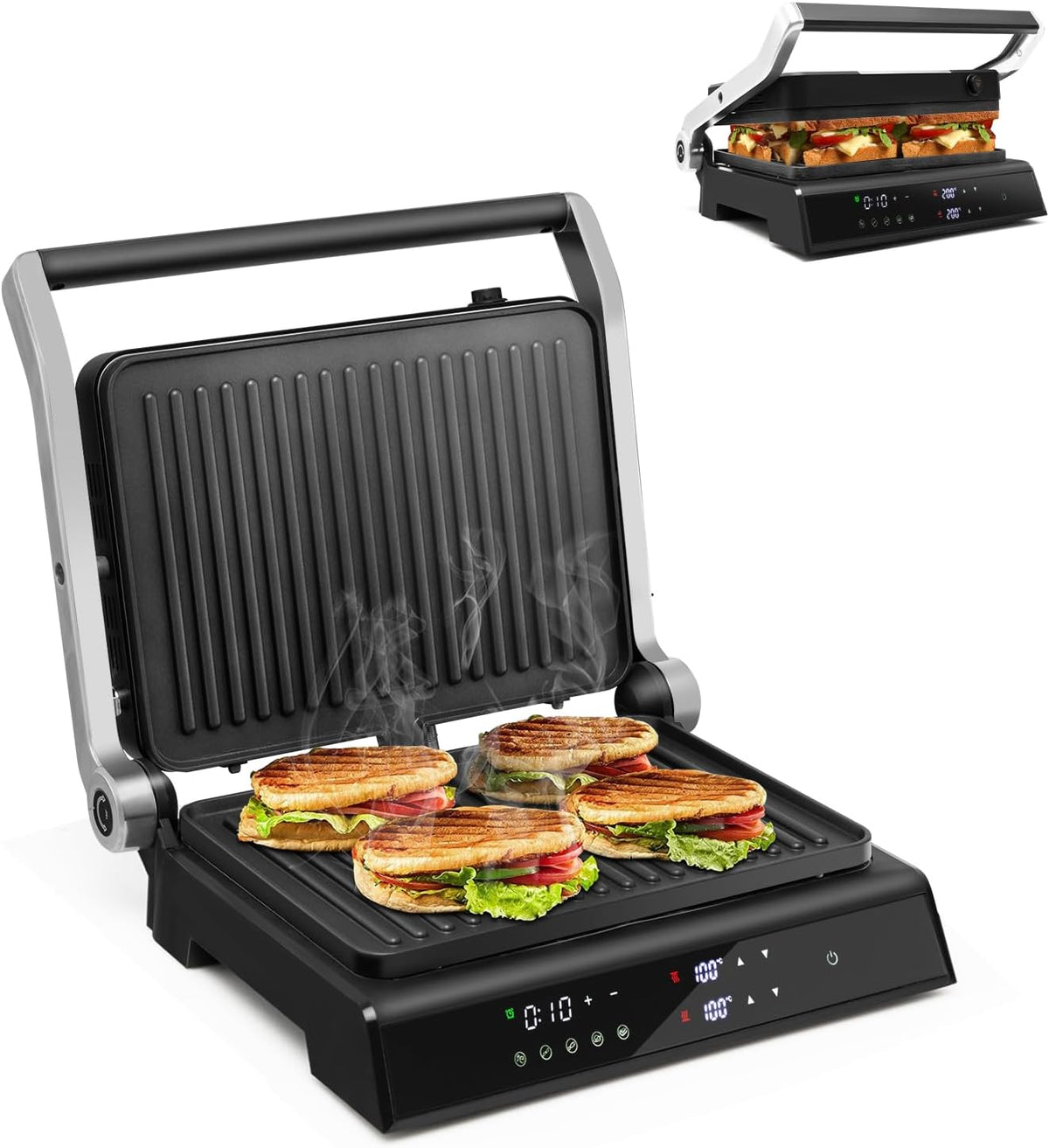 SOARS Appareil Croque Monsieur 3 en 1 1800-2000W, Machine à Panini, 5 Modes de Cuisson Auto 200-230, Angle d'Ouverture à 180°