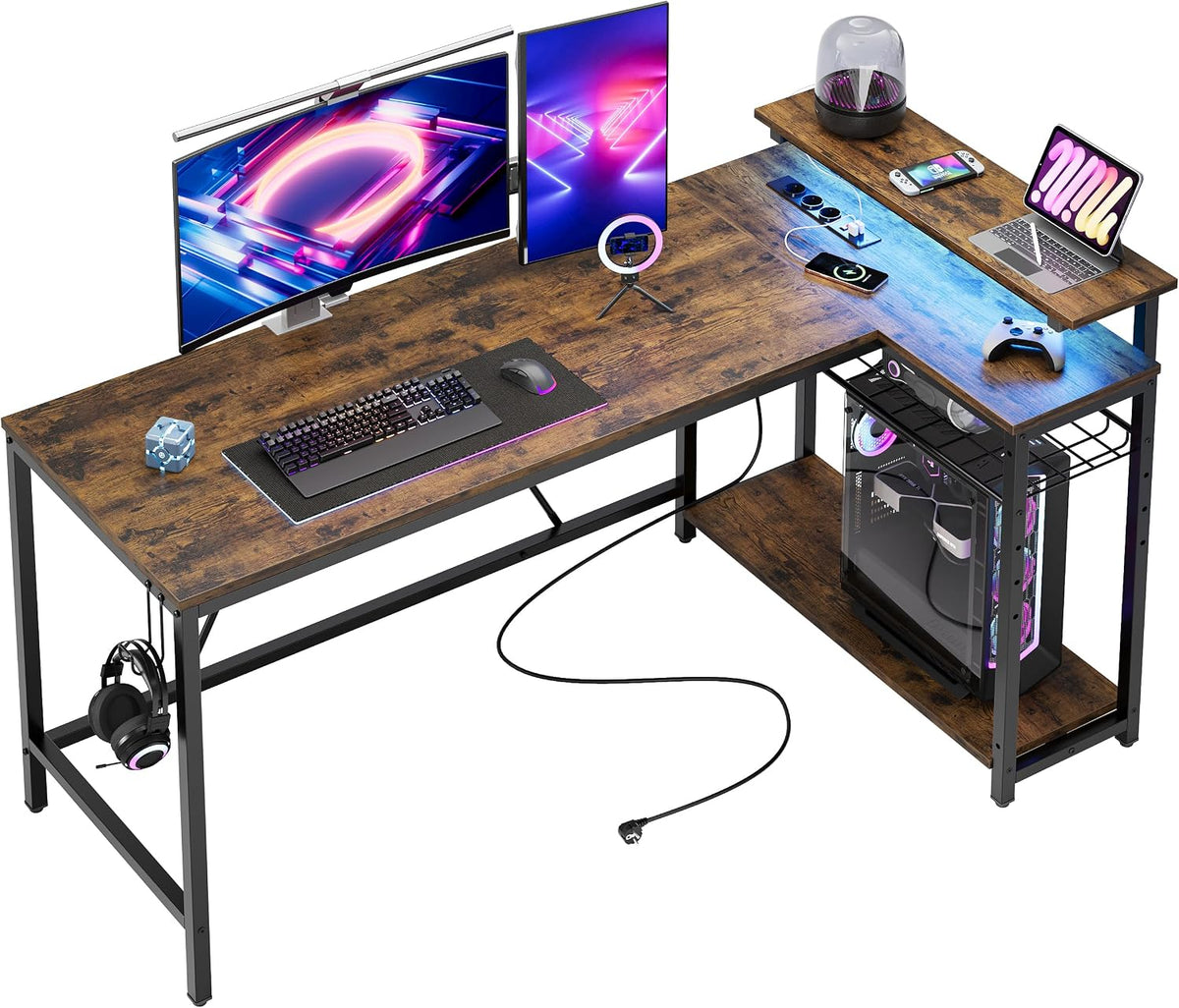 Bestier Bureau en forme de L de 147 cm avec prises de courant, bureau d'angle pour la maison avec étagères réversibles et lumières LED