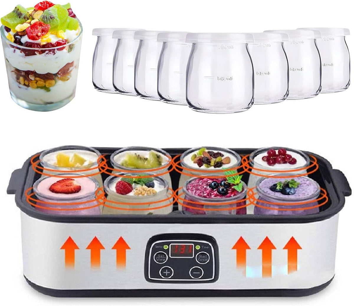 Yaourtière numérique avec écran LCD, capacité de 1400 ml, comprend 8 bocaux en verre pour yaourt et desserts faits maison