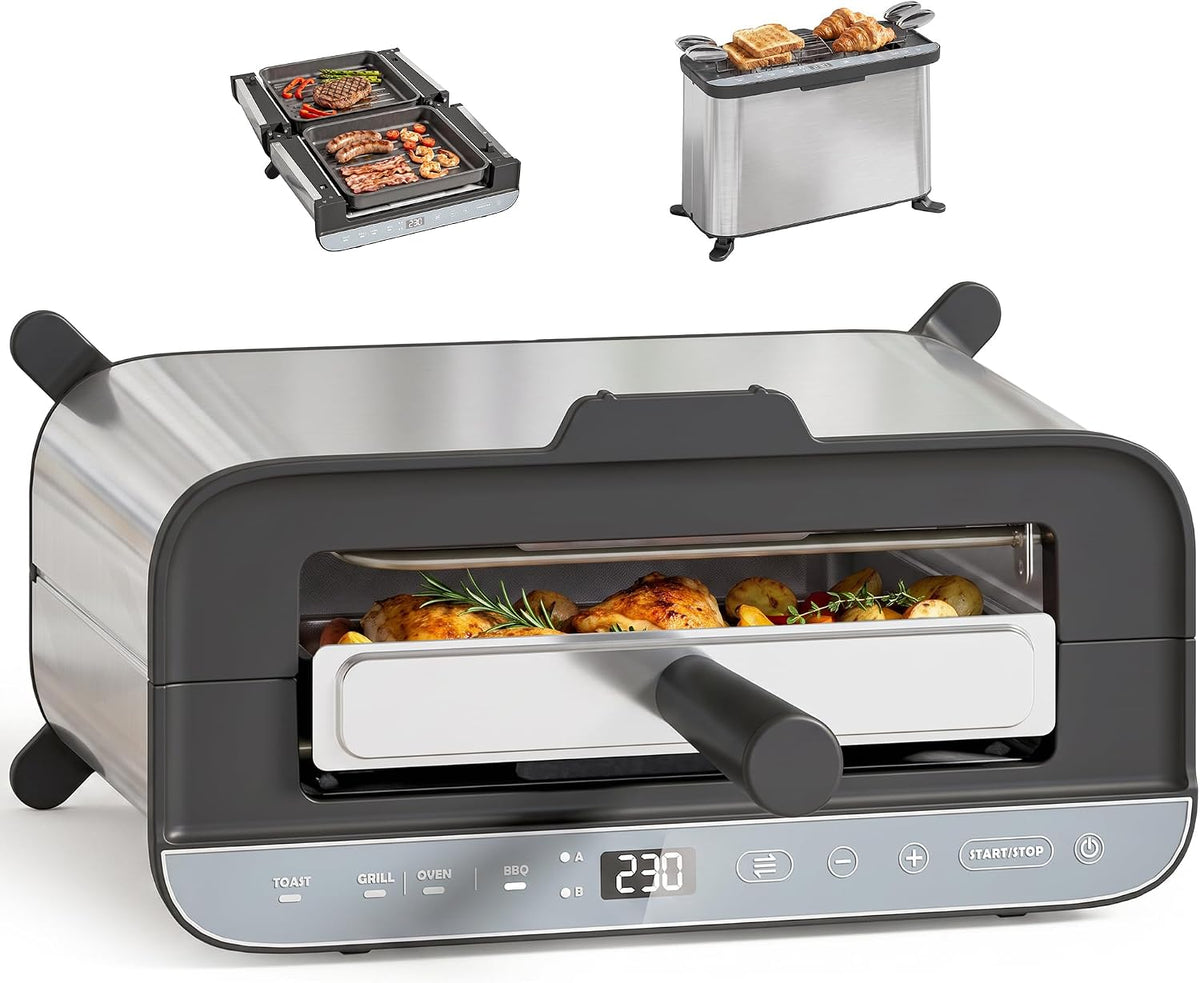 HOMCOM Four électrique 3-en-1, mini four 4,9 L, grille-pain à fente longue et plancha de table, écran LED, minuterie 60 min, plaque de cuisson