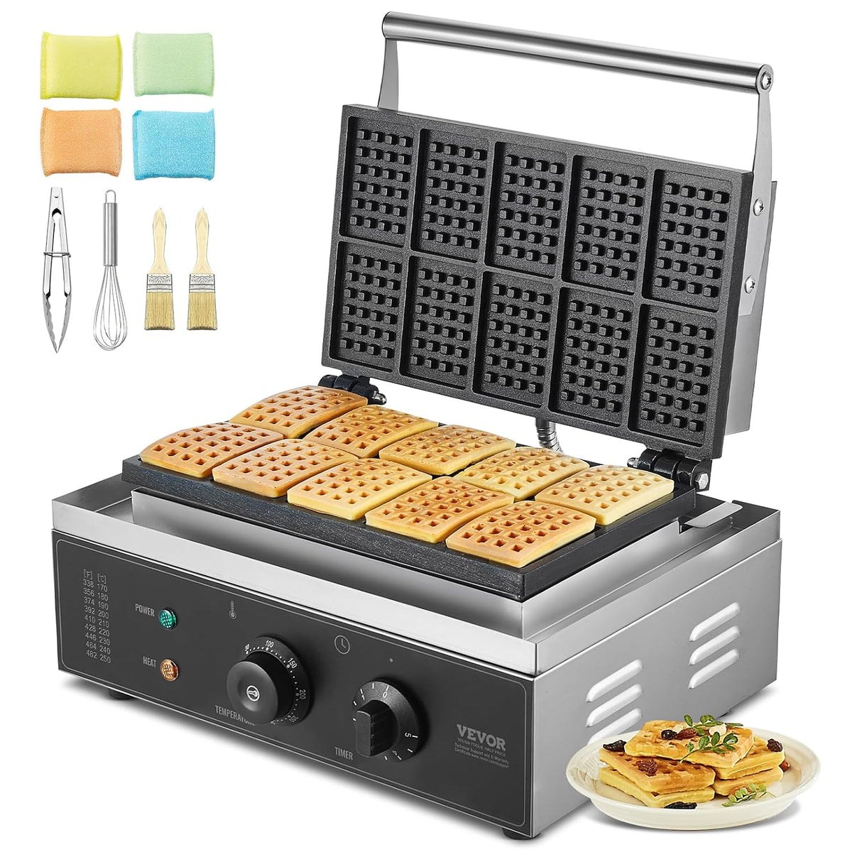 VEVOR Gaufrier Commercial 1550 W, Appareil à Gaufres Belges Rectangulaires, Capacité 10PCs, en Acier Inoxydable, Antiadhésif