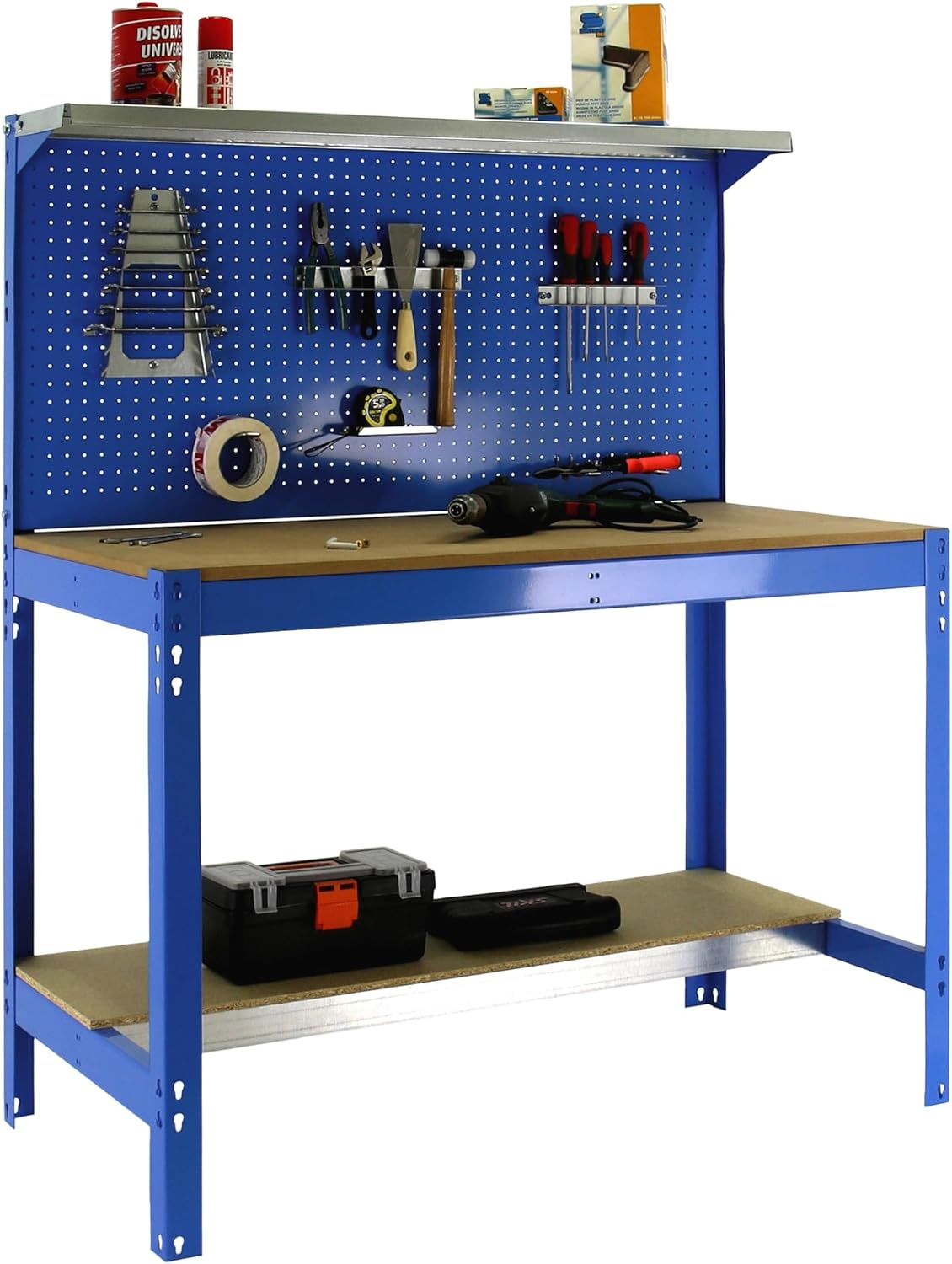 SimonRack Etabli d'Atelier, Capacité de Charge 400 kg, 1445x910x610 mm, Panneau Perforé avec 1 Étagère, Table de Travail Bricolage, Bleu/Bois - BT3