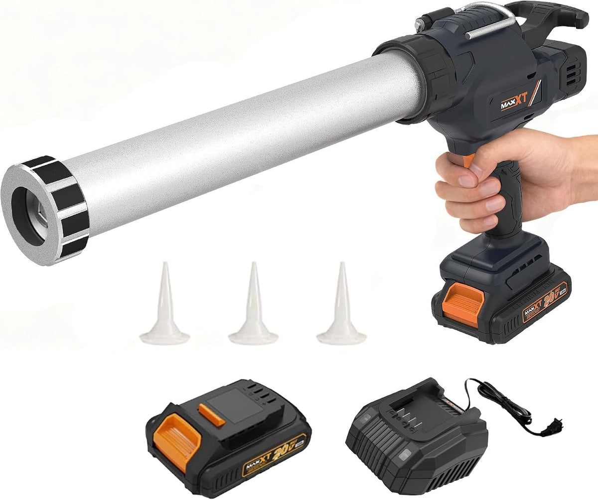 MAXXT PISTOLET À MASTIC ÉLECTRIQUE POUR CARTOUCHES DE 600ML, PISTOLET À SILICONE 20V AVEC PILES DE 2000MAH POUR LE MATAGE ET L'ÉTANCHÉITÉ