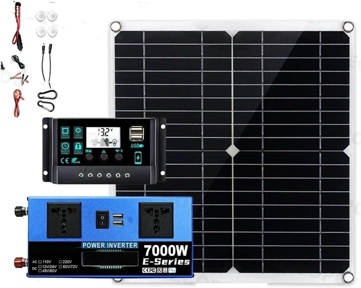 Inverter Convertisseur Kit Système Solaire 7000W avec Panneau 300W + Contrôleur 100A + Onduleur 12V/24V À 110V/220V pour Maison/RV/Camping(220V Solar
