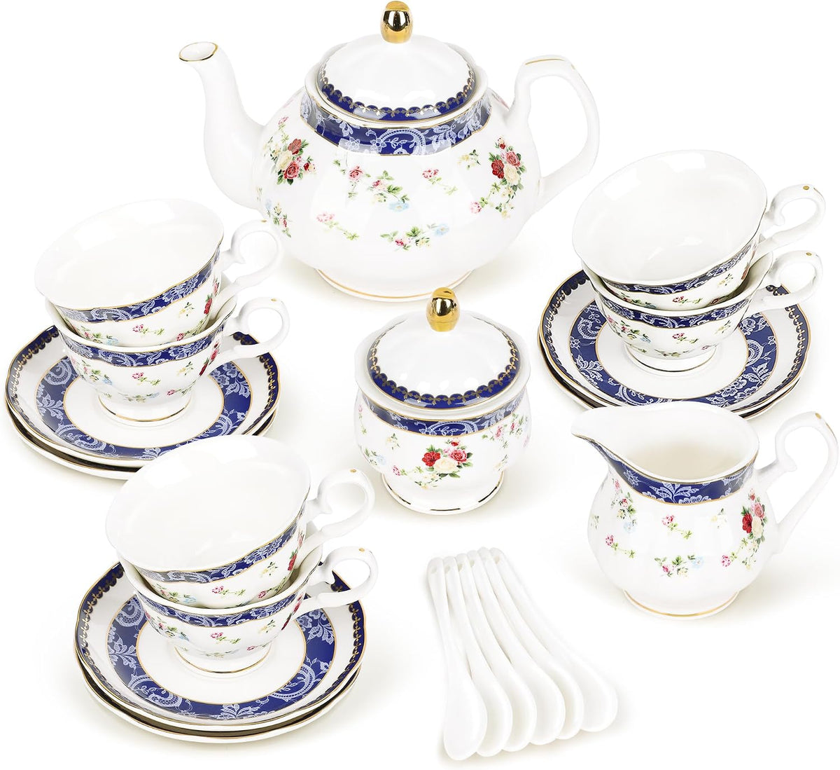 fanquare 21 Pièces Rose Bleue Ensemble de Thé Britannique pour l'après-midi, Ensemble de Théières en Porcelaine Moderne