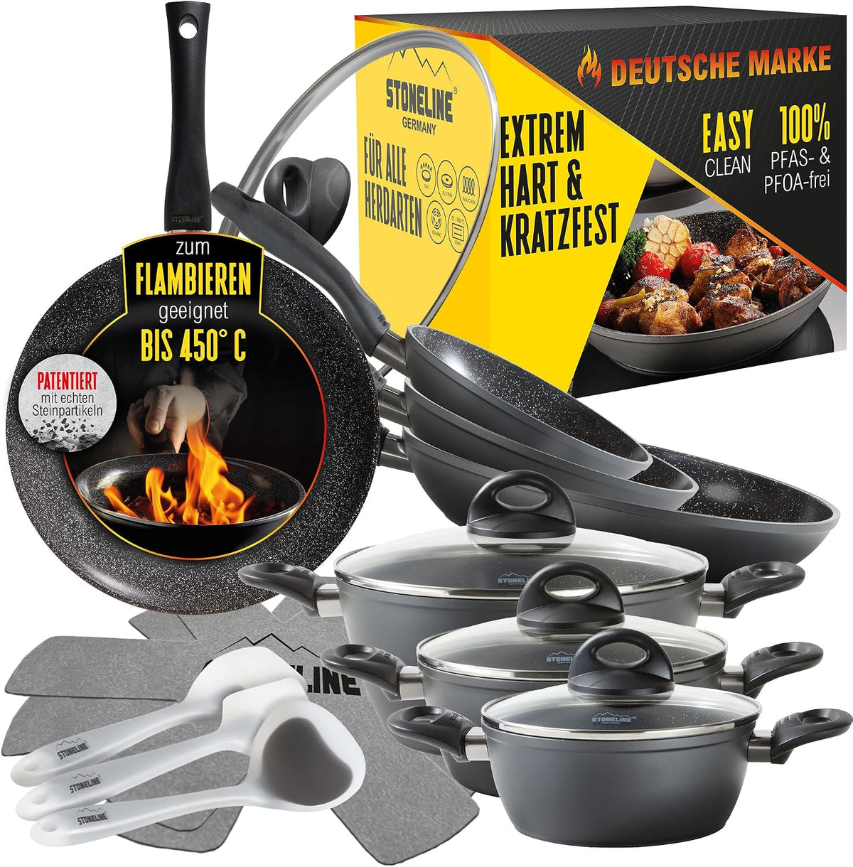 STONELINE Ceramic Batterie de Cuisine Céramique 16 pcs 18/20/24/28 Sans PFAS Set Poêles et Casseroles avec Couvercle, Tous feux Induction