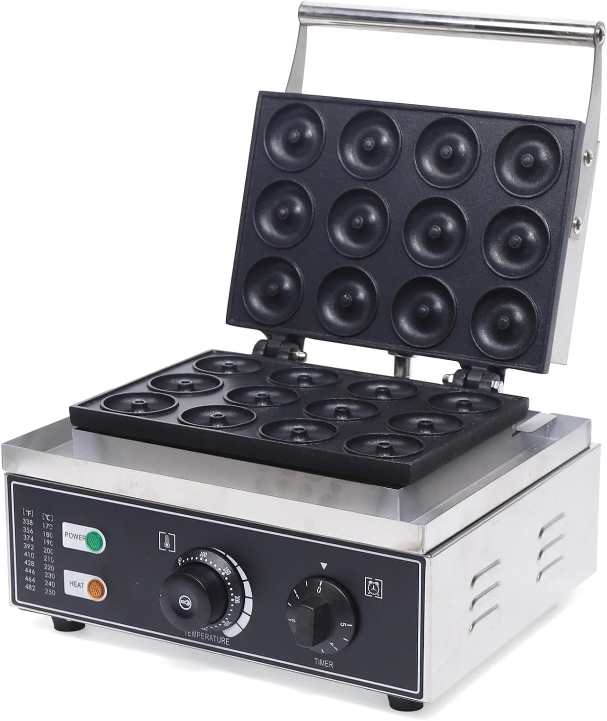 Doughnut - Machine à gaufres 1500 W - 12 trous - Antiadhésive - Température réglable - En acier inoxydable - Pour usage commercial ou domestique