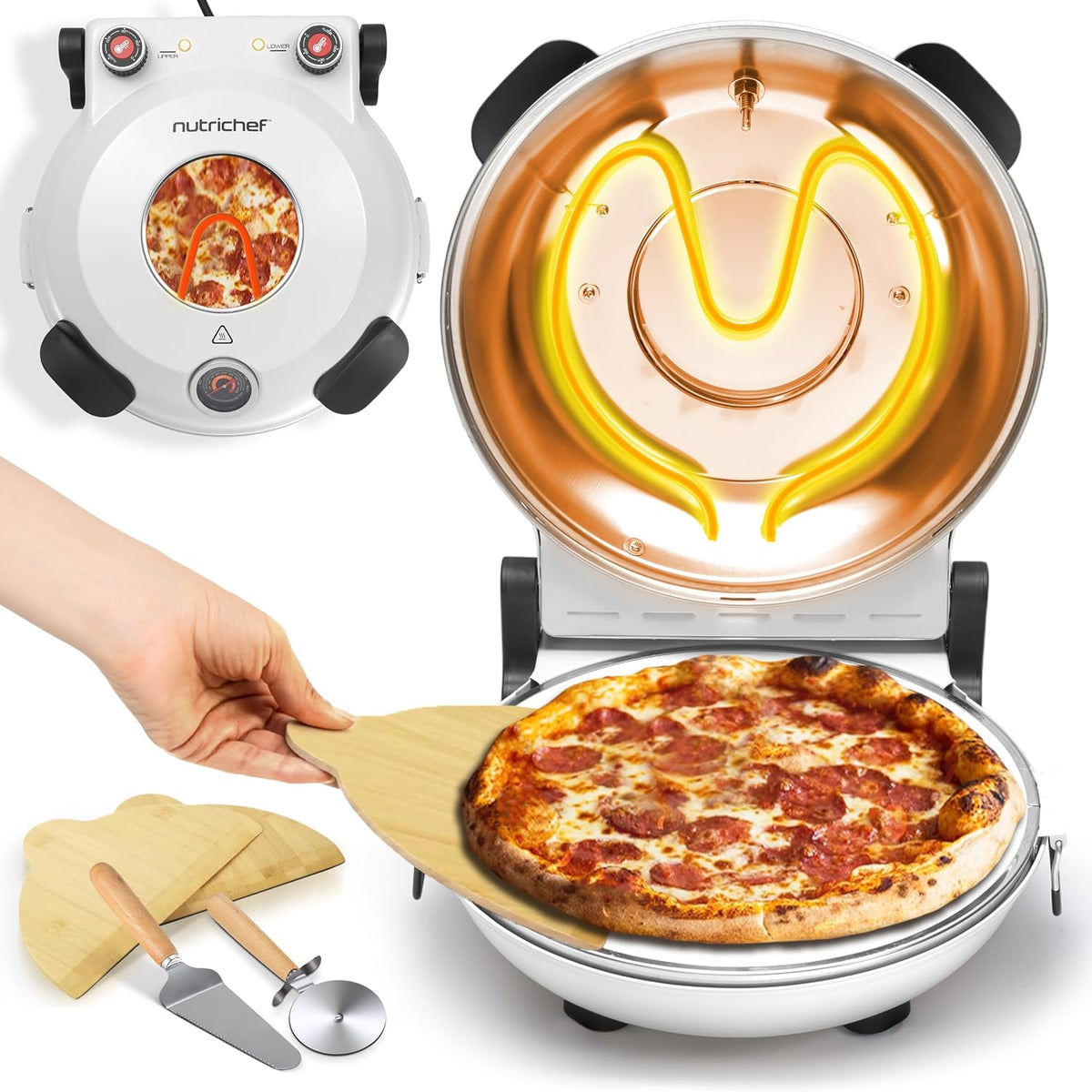 NutriChef Four à Pizza Électrique, Pierre à pizza Ø30 cm avec Thermostat et Thermomètre, Chauffe Jusqu'à 425°C, Cuisson Rapide, Fenêtre de Cuisson