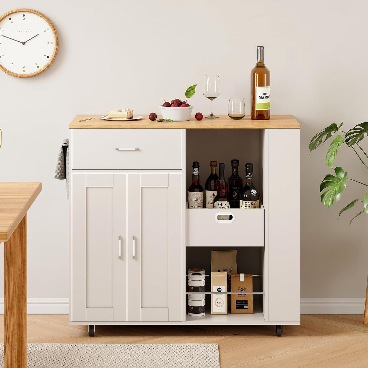 Îlot Central de Cuisine Mobile avec Plan de Travail, Desserte de Cuisine à Roulettes avec Tiroirs et Casiers de Rangement Multifonction