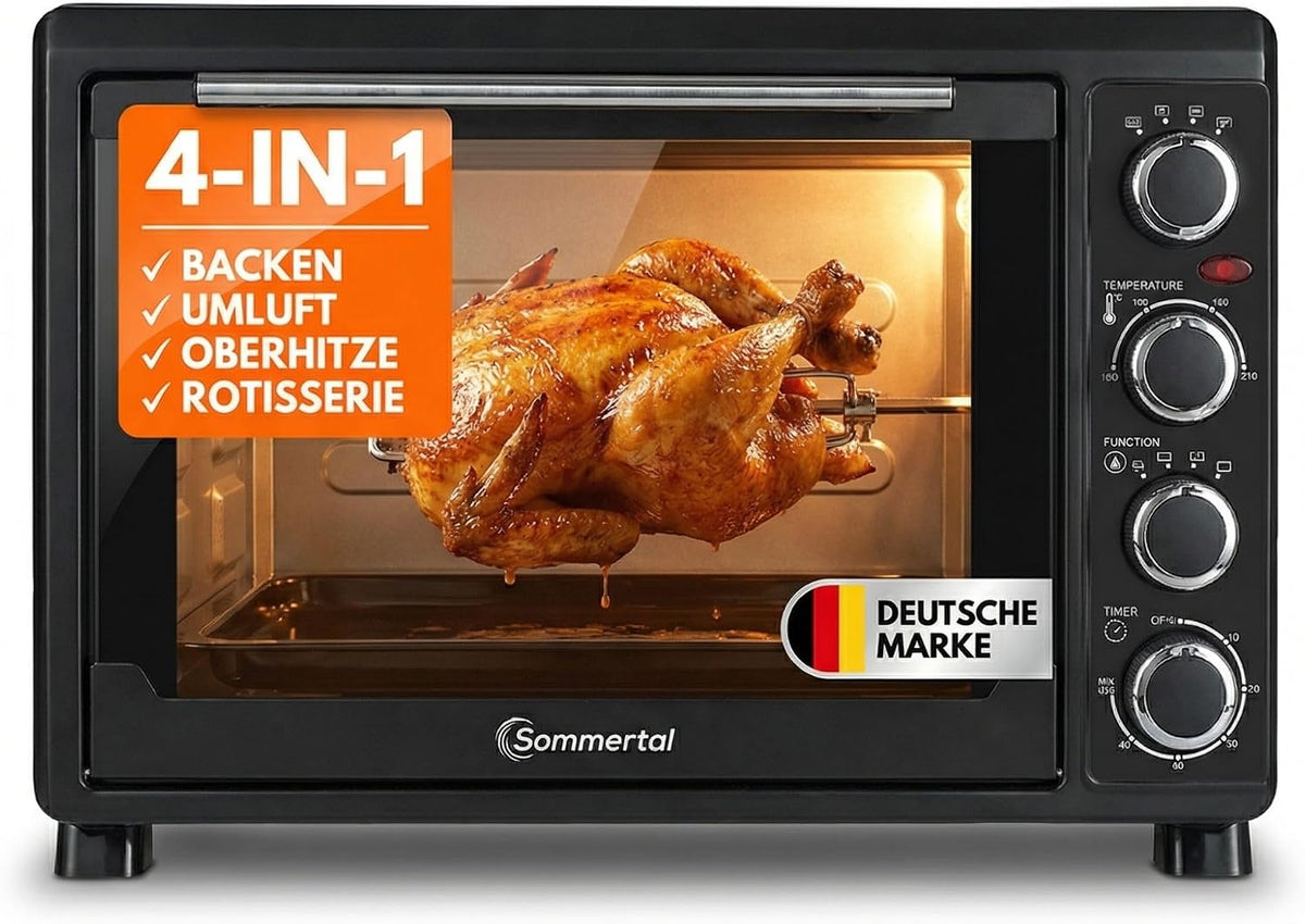 Sommertal Mini four 30 l avec tournebroche et chaleur tournante, 1500 W, 100 à 230 °C, minuterie 60 min, mini four, petit four pour cuire