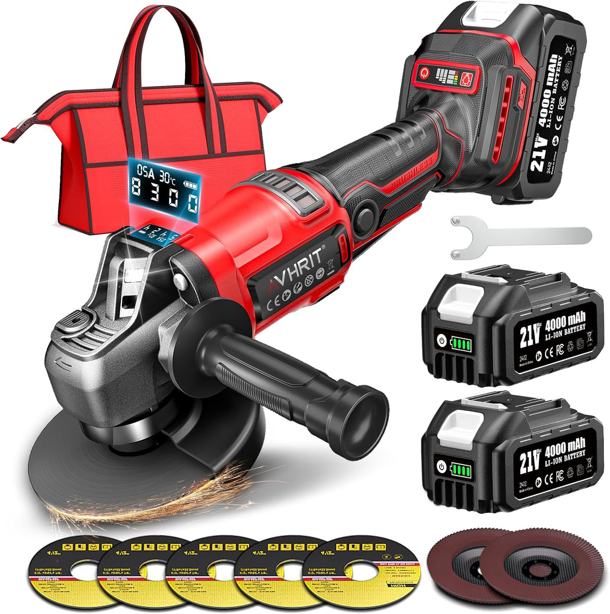 Meuleuse d'angle sans fil, meuleuse d'angle sans fil avec 2 batteries de 4000 mAH, écran LED