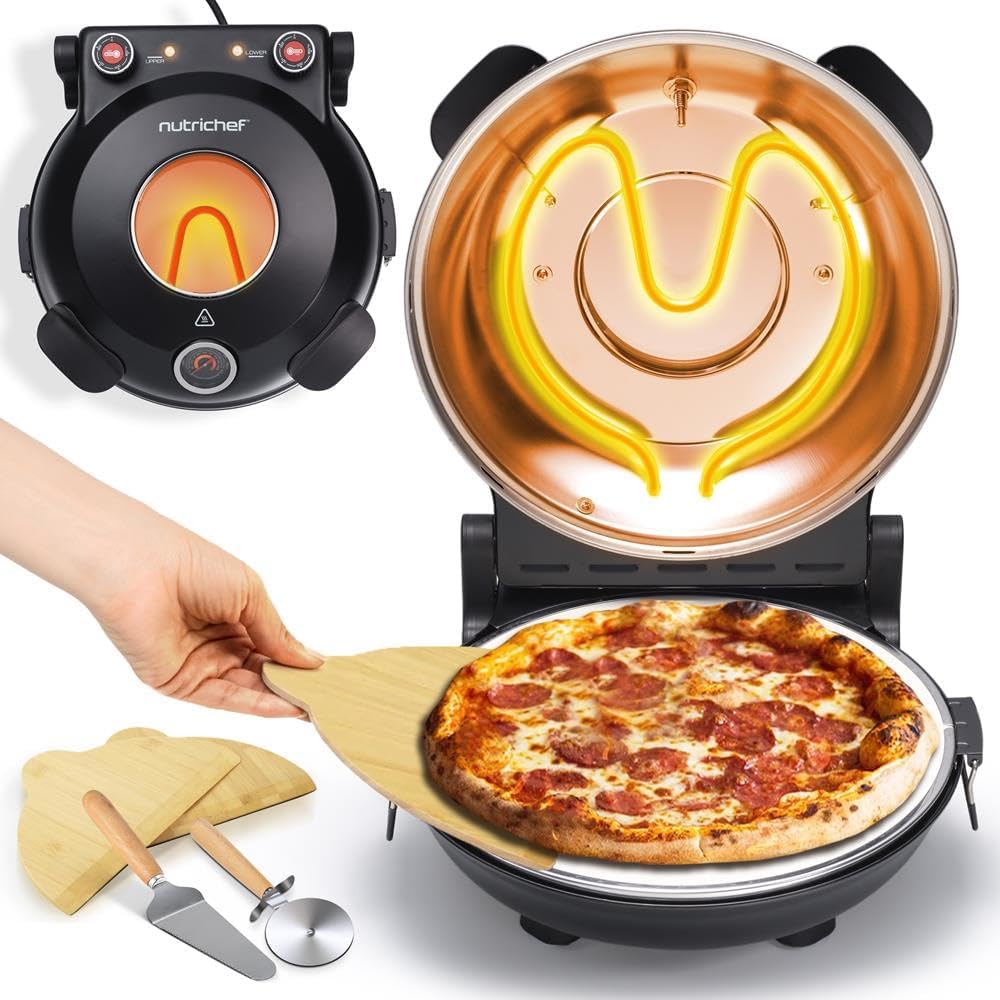 NutriChef Four à Pizza Électrique, Pierre à pizza Ø30 cm avec Thermostat et Thermomètre, Chauffe Jusqu'à 425°C, Cuisson Rapide, Fenêtre de Cuisson