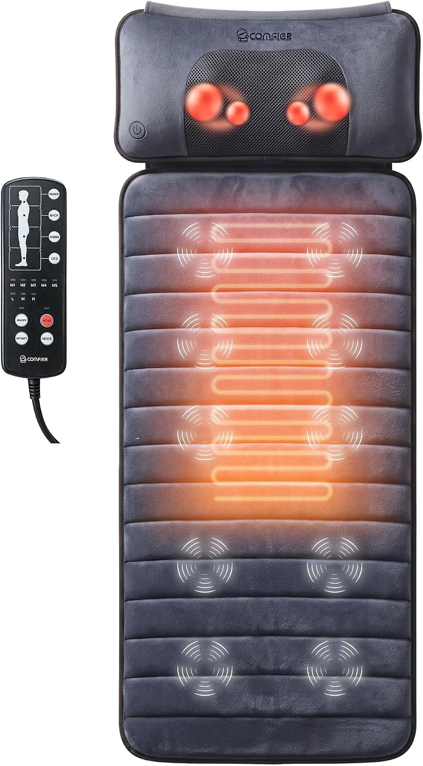 Comfier Tapis de Massage Chauffant, Matelas de Massage complet du Corps avec oreiller de Massage Shiatsu Détachable pour le cou, 10 moteurs Vibrants
