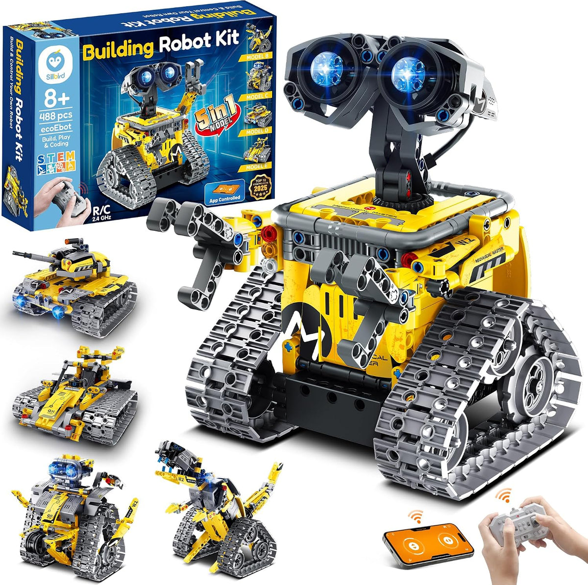 Sillbird Robot Enfants Garçons, 5-en-1 Roboticset avec App Télécommande Jouet de Construction programmable, Cadeau d'anniversaire créatif pour Enfants
