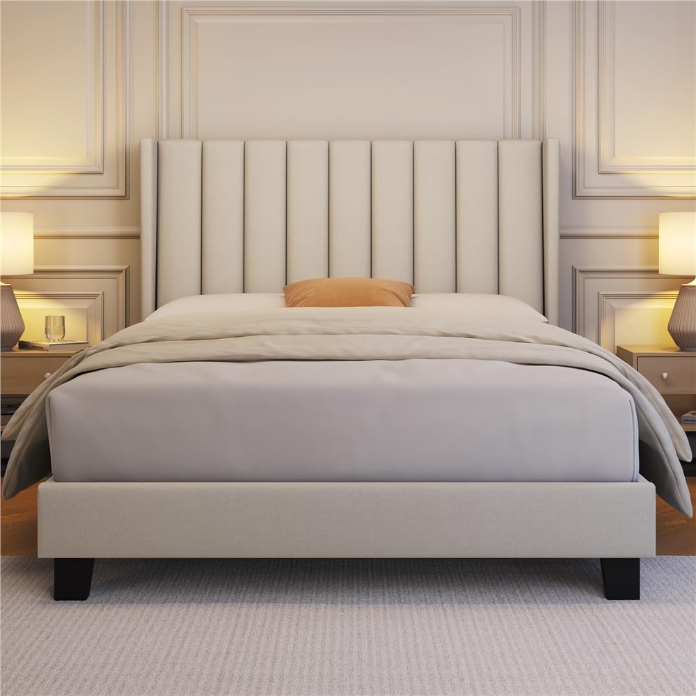 Yaheetech Lit rembourré, 140 x 200 cm, Stable, Double, Familial, Cadre de lit rembourré, avec Espace de Rangement, pour Chambre à Coucher