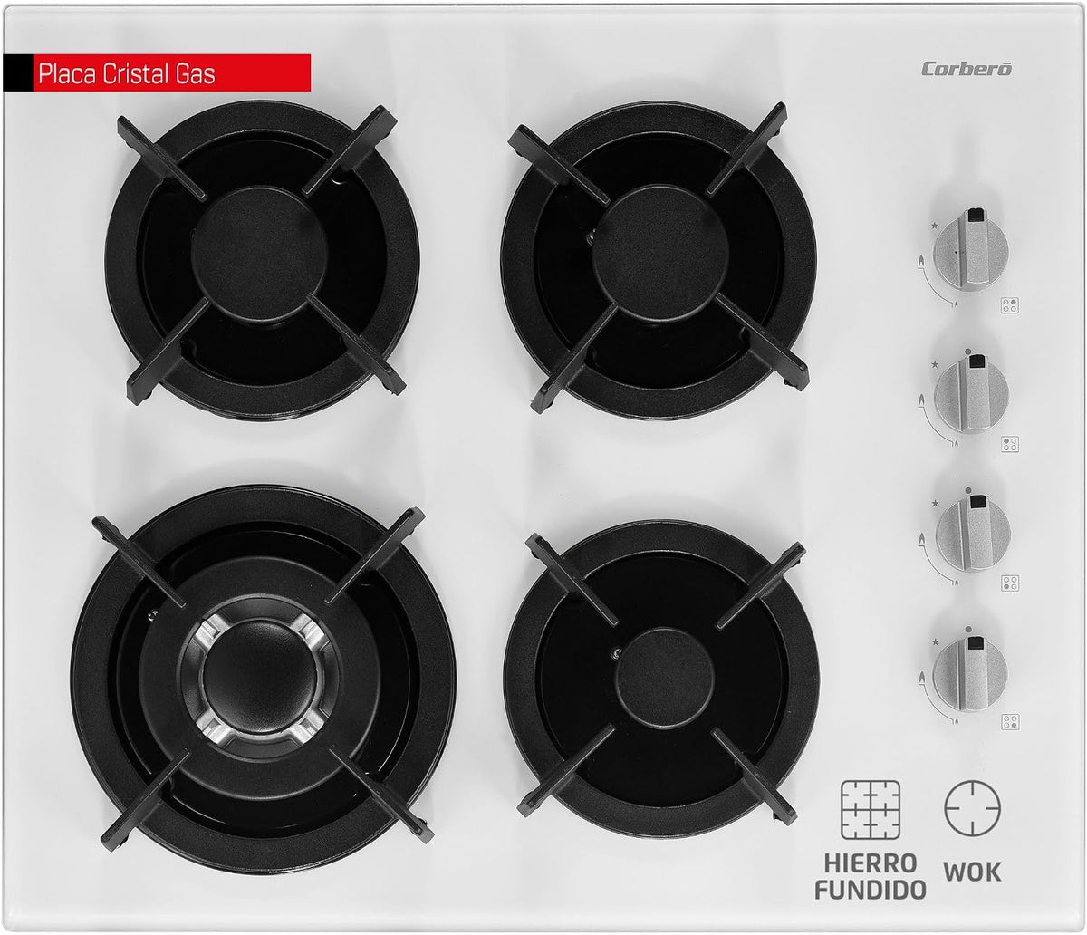 Corberó - Plaque en verre à gaz CPCGY2314W, Puissance 7,8 kW, 4 feux, Zone Wok, Grille en fonte, Valve de sécurité et arrêt automatique, blanc, fonte