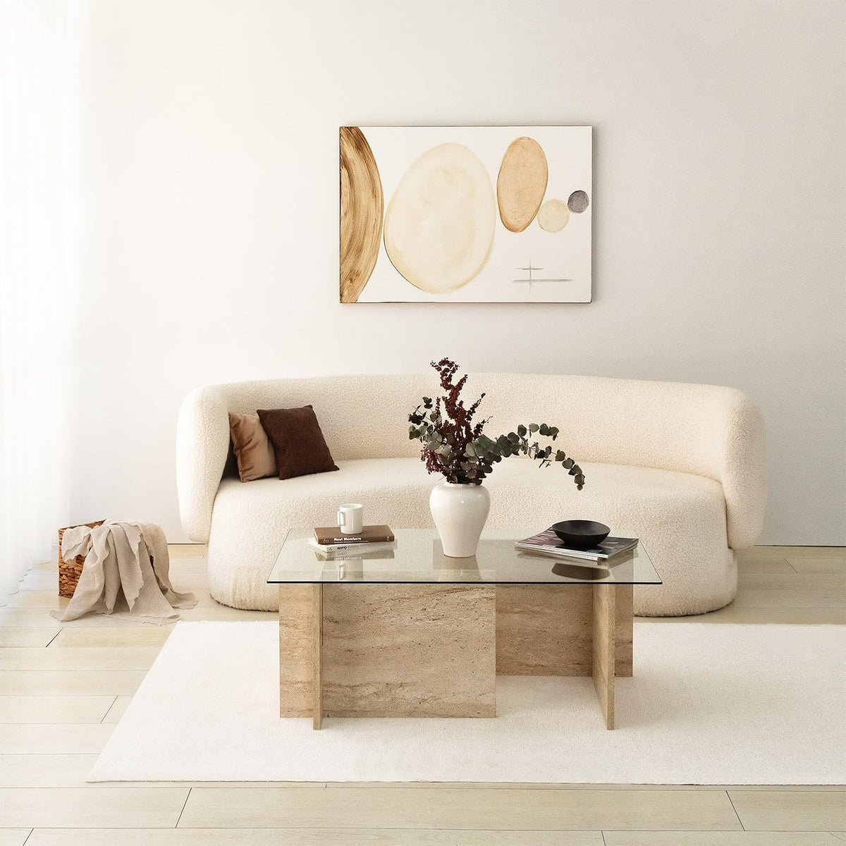 Hanah Home Élégante Table à café, Travertine, 105 x 40 x 65 cm, Dessus en 100% Verre et Panneau en Particules de mélamine