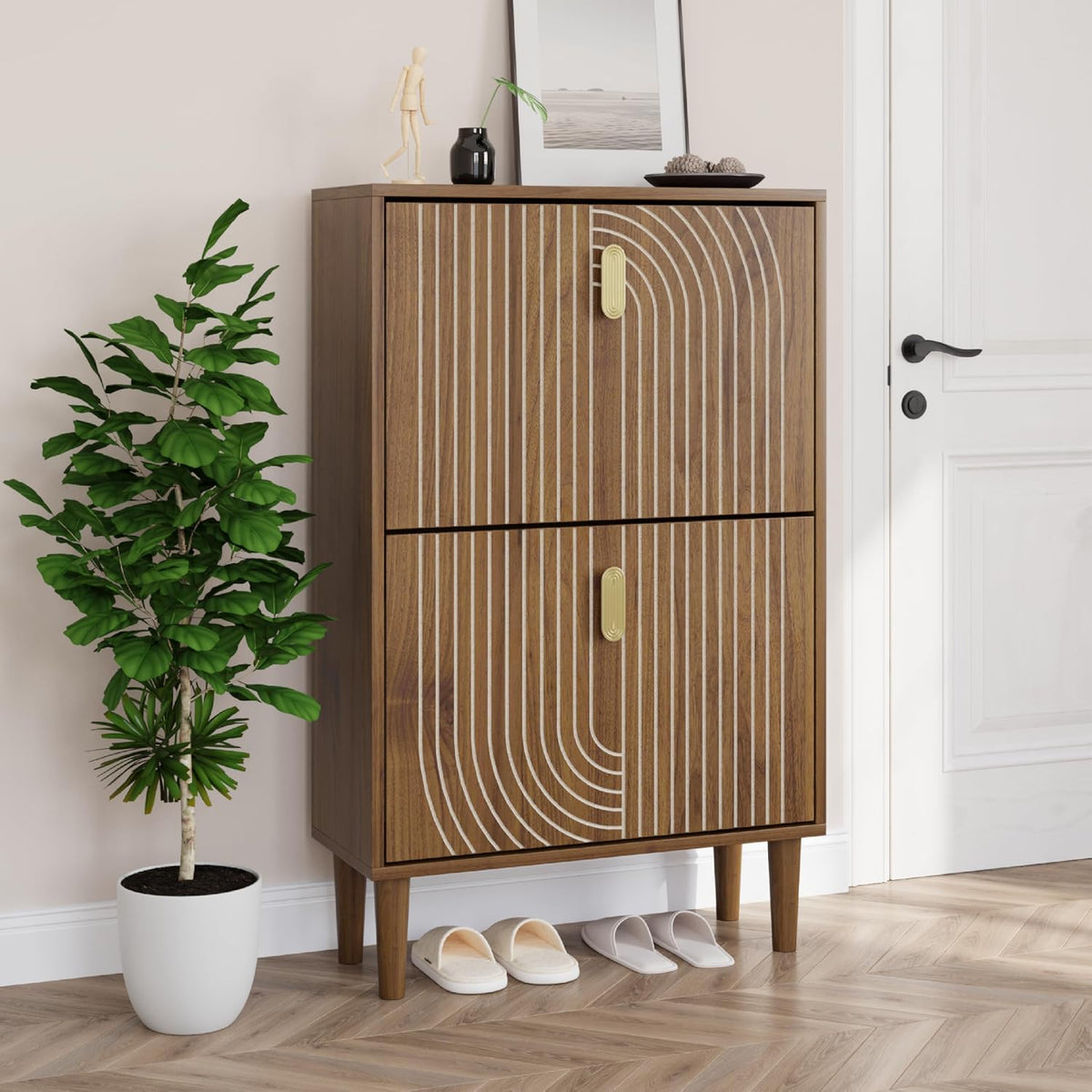 Smuxee Meuble de Rangement à Chaussures avec 2 Tiroirs Rabattables, 60 cm Bibliothèque à Chaussures Design à Rainures en Noyer