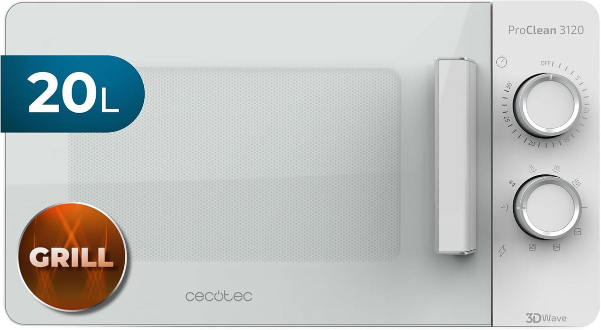 Cecotec Micro-ondes 20L avec Gril Proclean 3120 Tecnologie 3DWave, Revêtement Ready2Clean, 700 W, Gril 800 W Halogène, 6 Niveaux, 30 Minutes