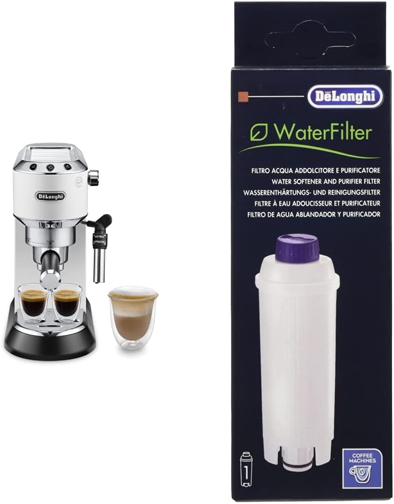 DELONGHI Dedica Style, Machine expresso pour préparer des boissons café et lactées, EC685W, Blanc & DLSC002 Filtre à eau