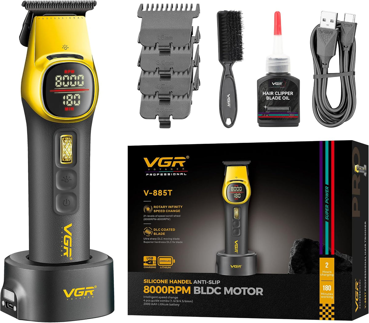 VGR Tondeuse à barbe pour homme, kit professionnel pour salon de coiffure, kit de toilettage électrique rechargeable sans fil avec lumière LED