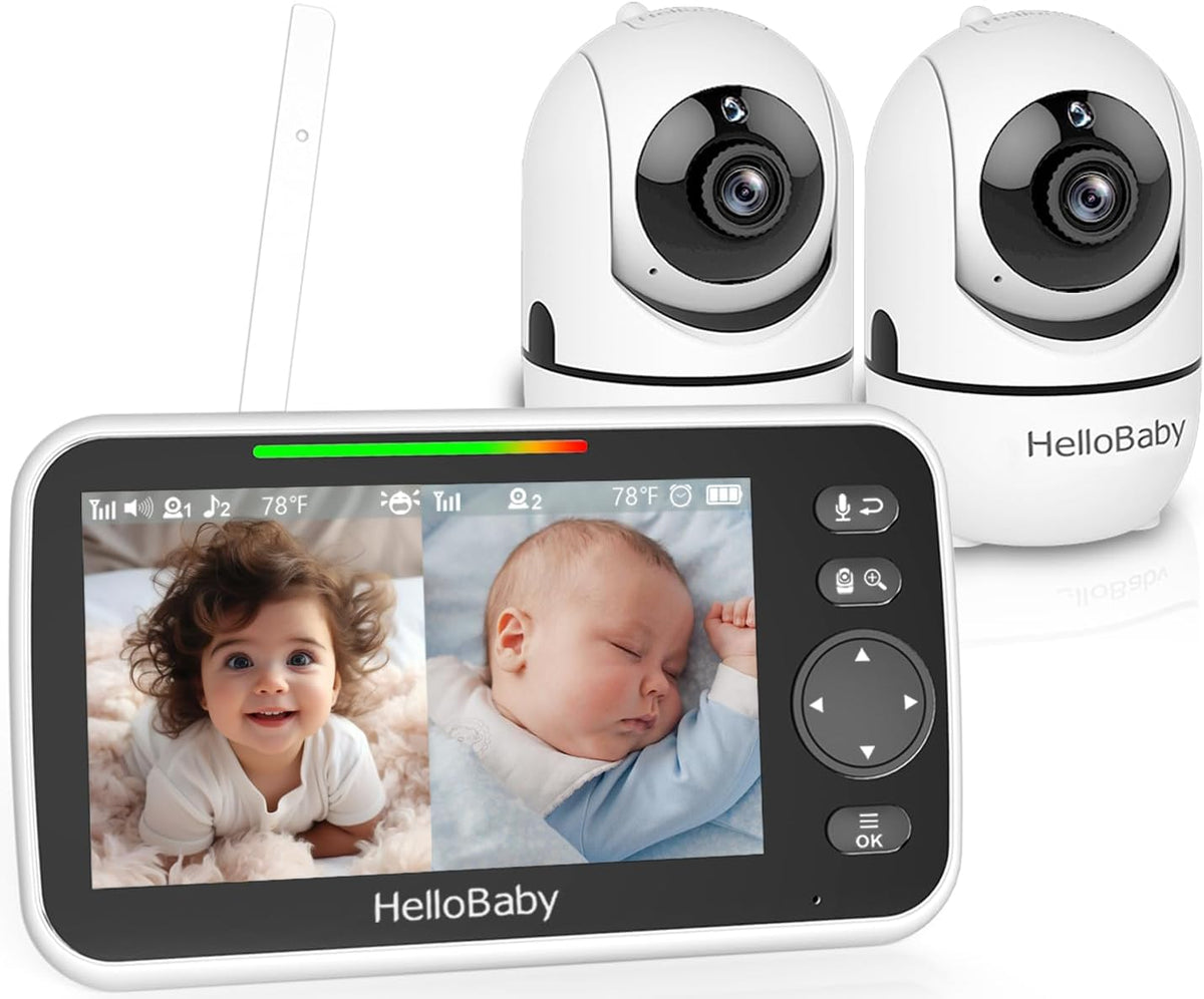 HelloBaby Babyphones Caméra 2 Caméra Bébé Moniteur, 5'' 26 Heures Écran Divisé Partagé Baby Phone Vidéo Bébé Surveillance, sans WiFi