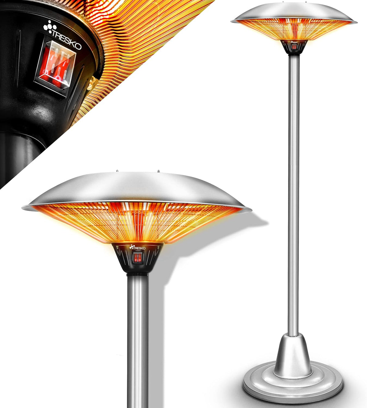 TRESKO Parasol chauffant 2500W, Chauffage extérieur Infrarouge 2500W, Radiateur Rayonnant Électrique de Terrasse, 2 Niveaux de Chaleur