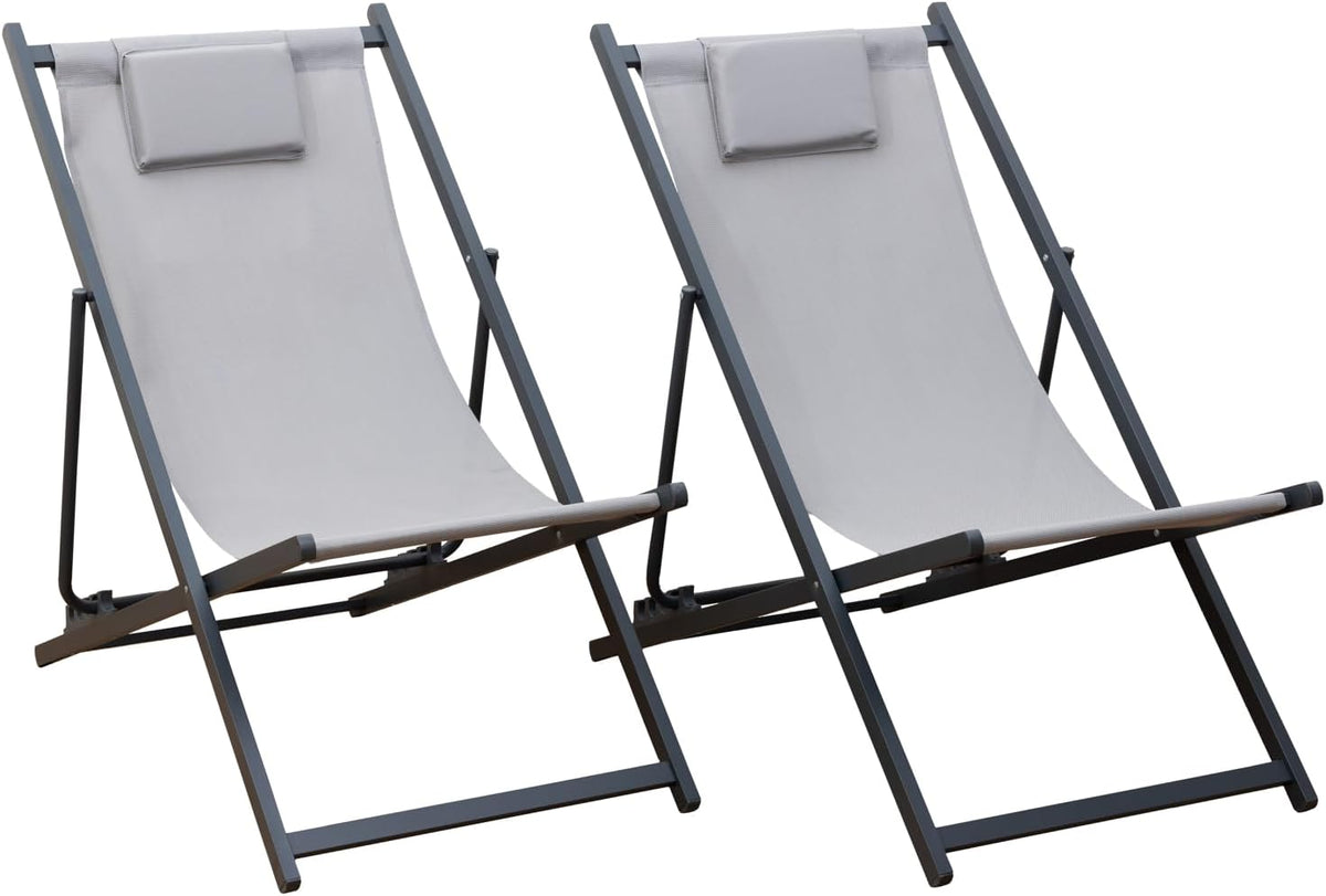 Lot de 2 chiliennes Cyprus en textilène Gris et Structure en Aluminium Anthracite - Transats avec Coussin Repose-tête - Idéal pour Jardin