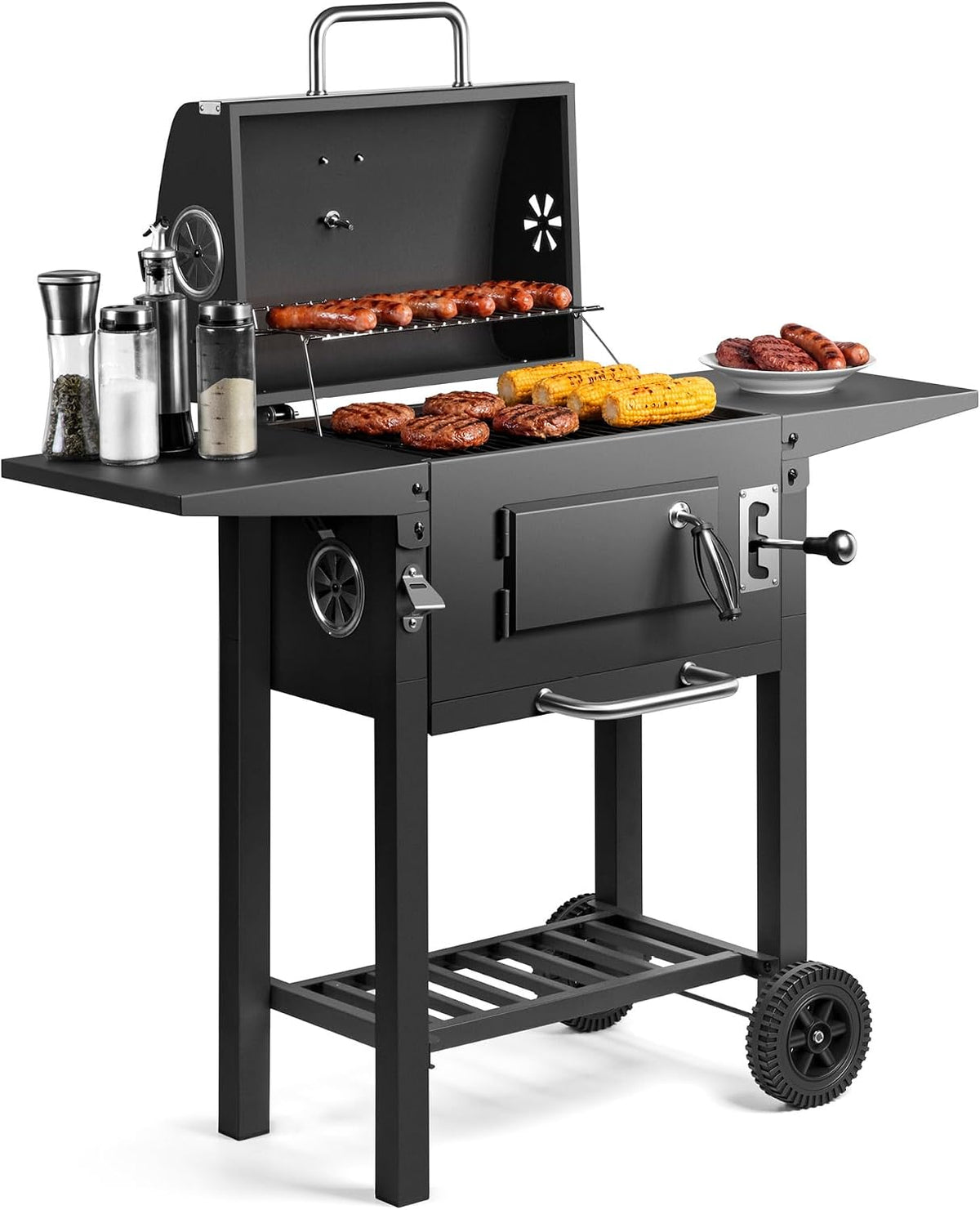 VonHaus Barbecue au Charbon, Barbecue avec Grille Chauffante, Hauteur Réglable, Thermomètre, Portable, Bac à Cendres, Étagère
