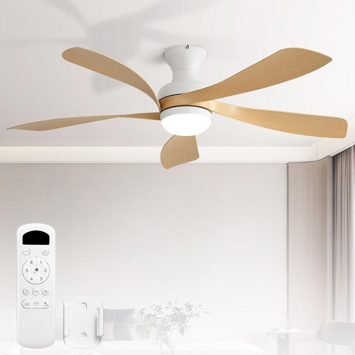 Sofucor 132 cm Ventilateur de Plafond avec Lumière, Télécommande, 6 Vitesses, Minuterie, 3 Réglages de Couleur, DC, Silencieux LED Lampe
