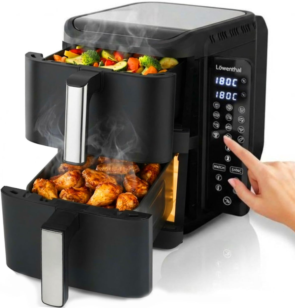 Löwenthal Airfryer XL 11L, Friteuse electrique, Double friteuse sans Huile à Air Chaud, 2800W, 60, 200°C, Écran Tactile Digital, 12 Programmes