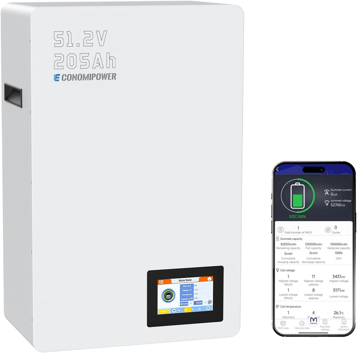 Lifepo4 Batterie Murale Lifepo4 51.2V 200Ah, Stockage Solaire 10,24 kWh, Plus de 8 000 Cycles